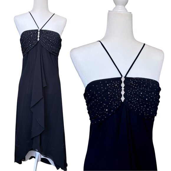 Vintage Dresses & Skirts - Vintage Chiffon Rhinestone Criss Cross Halter Dress Formal Prom Black Medium